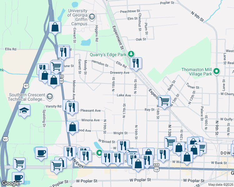 map of restaurants, bars, coffee shops, grocery stores, and more near 1124 Lyndon Avenue in Griffin