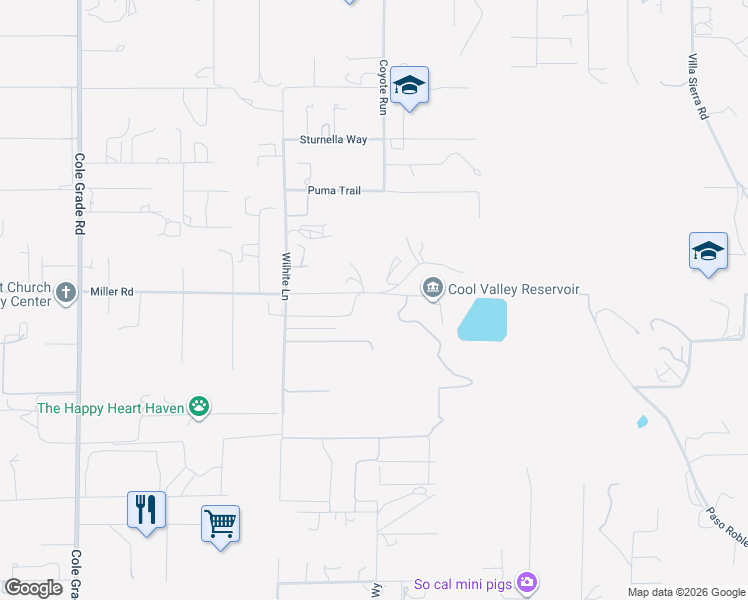 map of restaurants, bars, coffee shops, grocery stores, and more near 30593 Miller Road in Valley Center