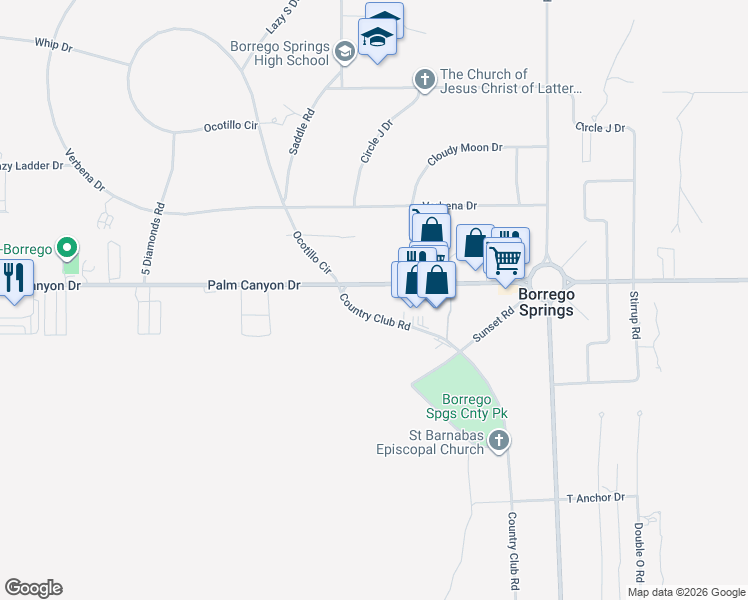 map of restaurants, bars, coffee shops, grocery stores, and more near 557 Palm Canyon Drive in Borrego Springs