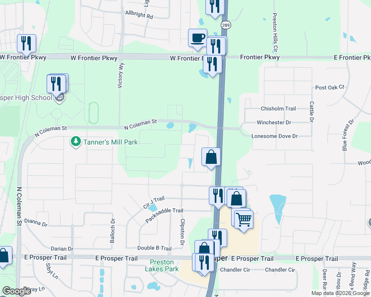 map of restaurants, bars, coffee shops, grocery stores, and more near 1570 North Preston Road in Prosper