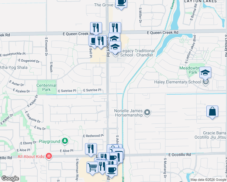 map of restaurants, bars, coffee shops, grocery stores, and more near 3014 East Sunrise Place in Chandler