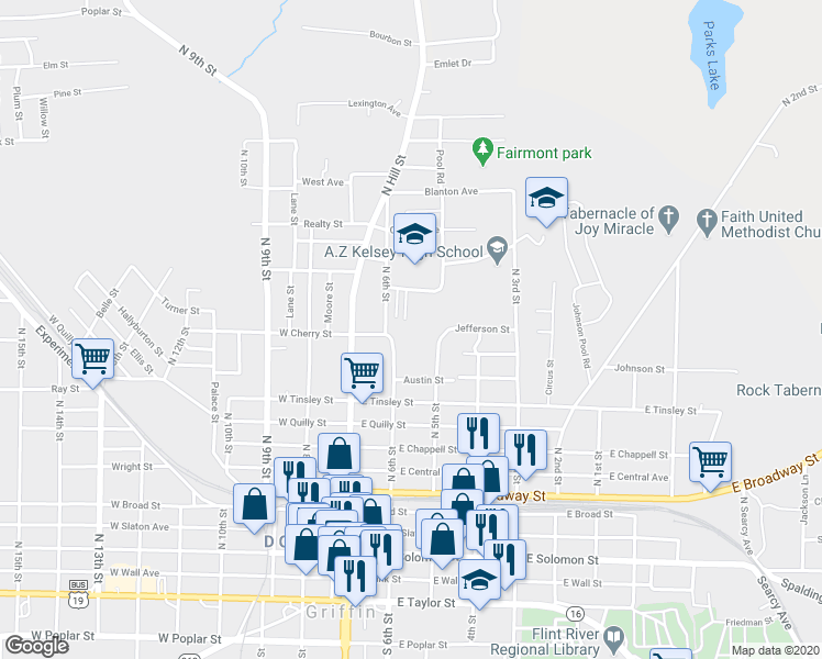 map of restaurants, bars, coffee shops, grocery stores, and more near 509 Clifton Drive in Griffin