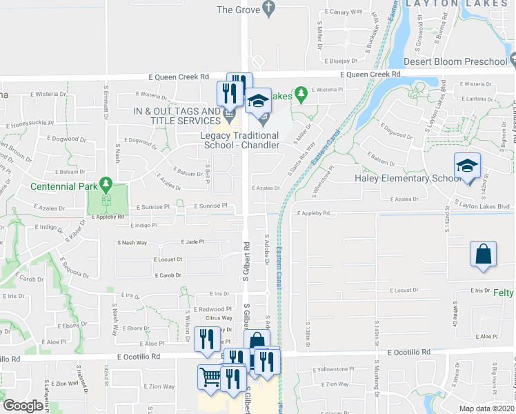 map of restaurants, bars, coffee shops, grocery stores, and more near 3014 East Sunrise Place in Chandler