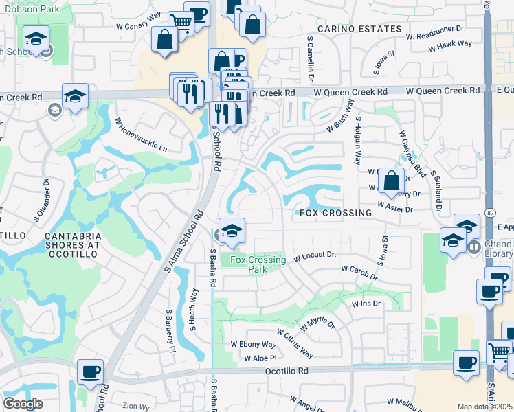 map of restaurants, bars, coffee shops, grocery stores, and more near 871 West Hackberry Drive in Chandler