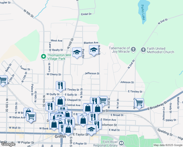 map of restaurants, bars, coffee shops, grocery stores, and more near 415 Jefferson Street in Griffin