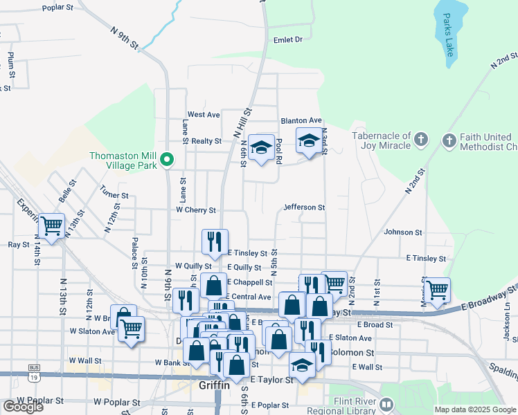 map of restaurants, bars, coffee shops, grocery stores, and more near 518 Clifton Drive in Griffin
