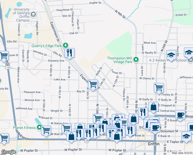 map of restaurants, bars, coffee shops, grocery stores, and more near 448 Belle Street in Griffin