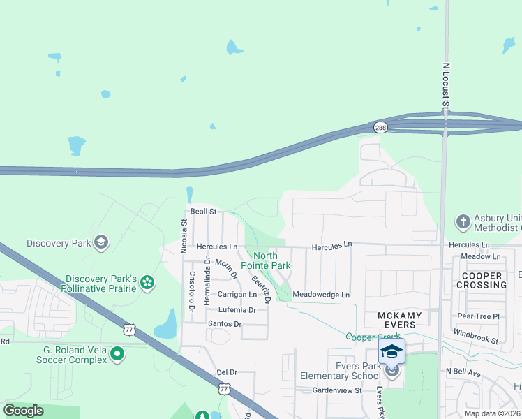 map of restaurants, bars, coffee shops, grocery stores, and more near 3725 Beatriz Drive in Denton
