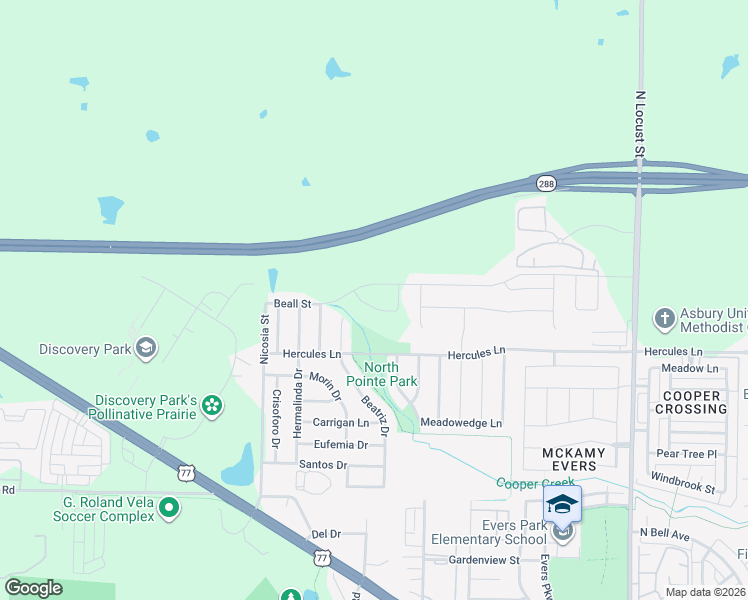 map of restaurants, bars, coffee shops, grocery stores, and more near 3725 Beatriz Drive in Denton
