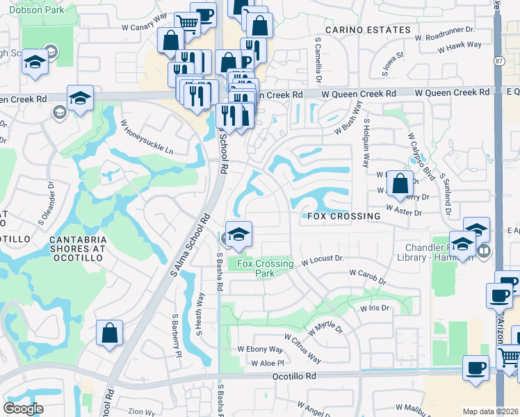 map of restaurants, bars, coffee shops, grocery stores, and more near 862 West Aster Drive in Chandler