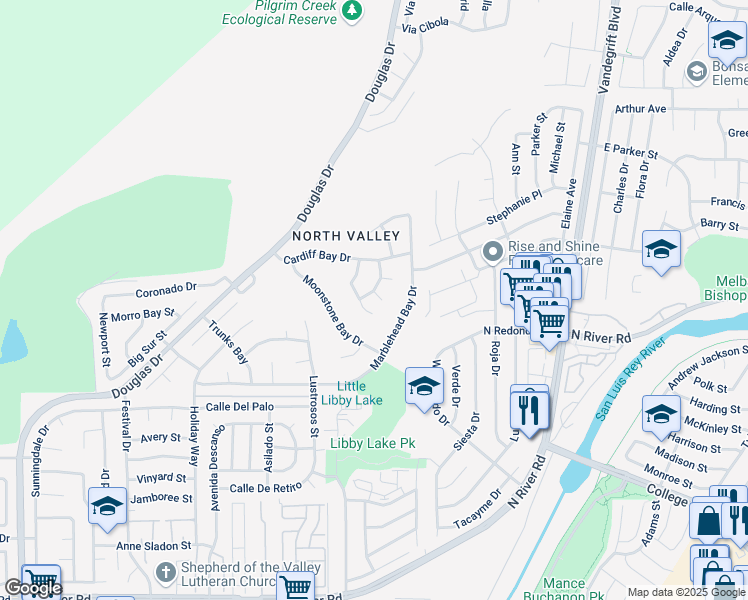 map of restaurants, bars, coffee shops, grocery stores, and more near 361-363 Solano Bay Court in Oceanside