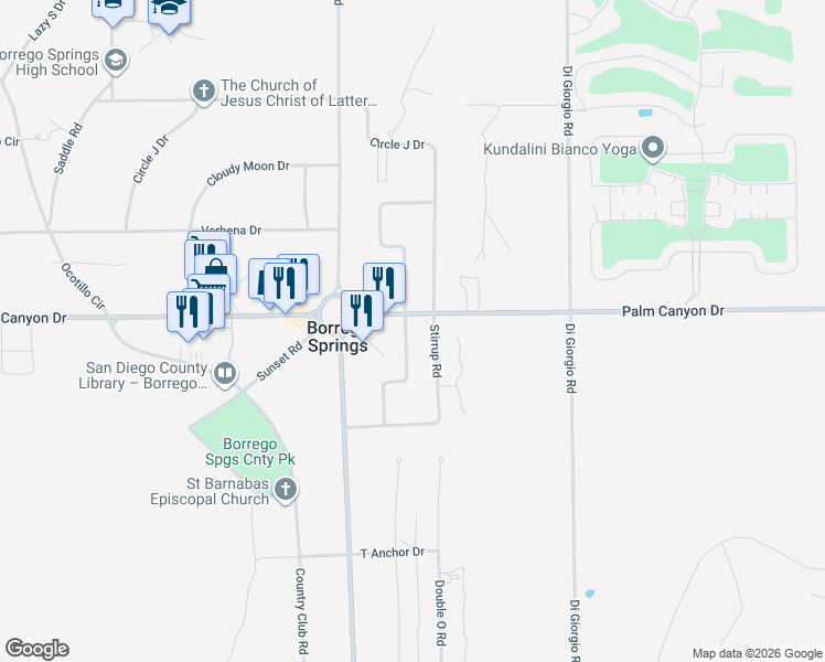 map of restaurants, bars, coffee shops, grocery stores, and more near Palm Canyon Drive in Borrego Springs