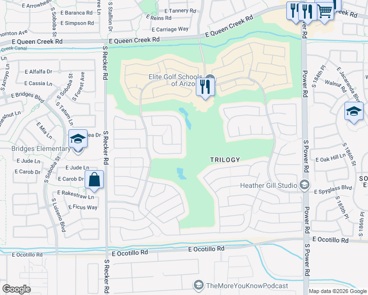 map of restaurants, bars, coffee shops, grocery stores, and more near 5175 South Peach Willow Lane in Gilbert