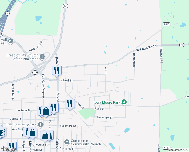 map of restaurants, bars, coffee shops, grocery stores, and more near in Commerce