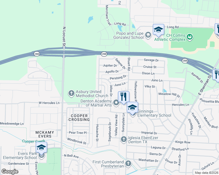 map of restaurants, bars, coffee shops, grocery stores, and more near 3925 Atlas Drive in Denton