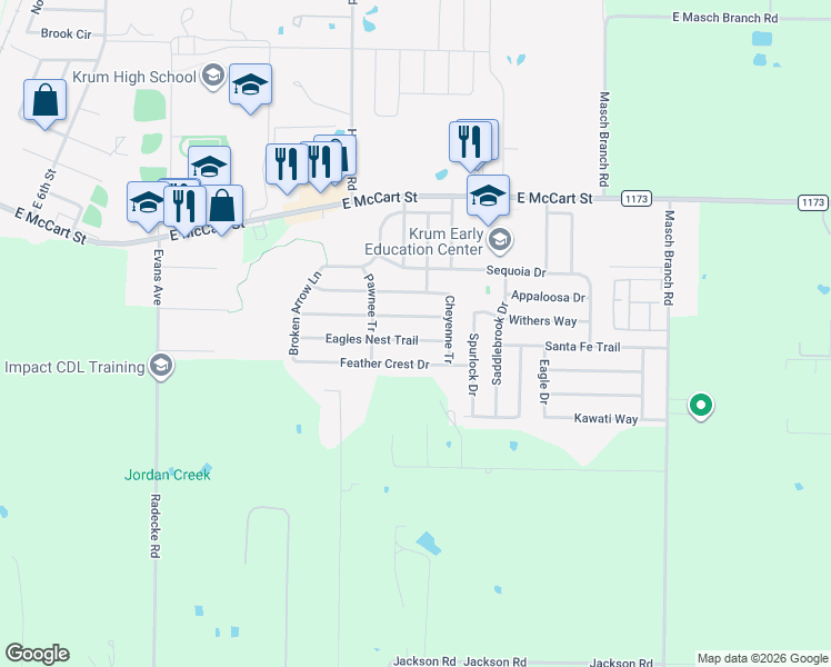map of restaurants, bars, coffee shops, grocery stores, and more near 1405 Eagles Nest Trail in Krum
