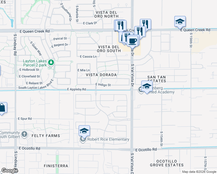 map of restaurants, bars, coffee shops, grocery stores, and more near 1437 East Indigo Street in Gilbert