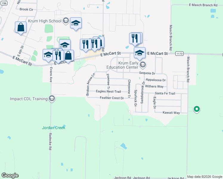 map of restaurants, bars, coffee shops, grocery stores, and more near 1305 Eagles Nest Trail in Krum