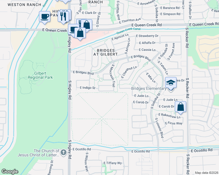 map of restaurants, bars, coffee shops, grocery stores, and more near 5169 South Moccasin Trail in Gilbert
