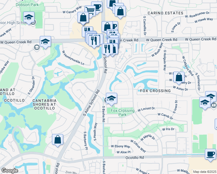 map of restaurants, bars, coffee shops, grocery stores, and more near 3407 South Felix Way in Chandler