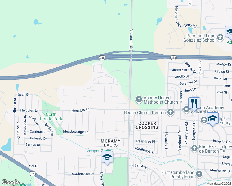 map of restaurants, bars, coffee shops, grocery stores, and more near 401 Ame Drive in Denton