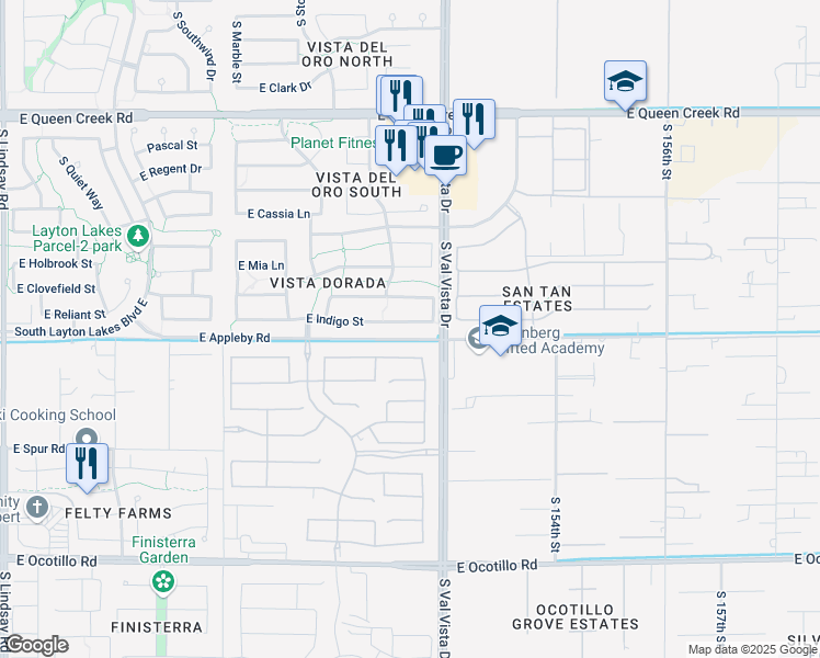 map of restaurants, bars, coffee shops, grocery stores, and more near 1510 East Indigo Street in Gilbert