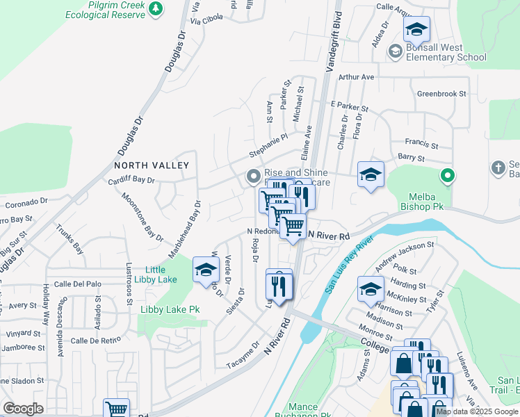 map of restaurants, bars, coffee shops, grocery stores, and more near 530 Roja Drive in Oceanside