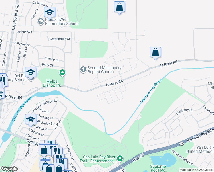 map of restaurants, bars, coffee shops, grocery stores, and more near 5461 North River Road in Oceanside