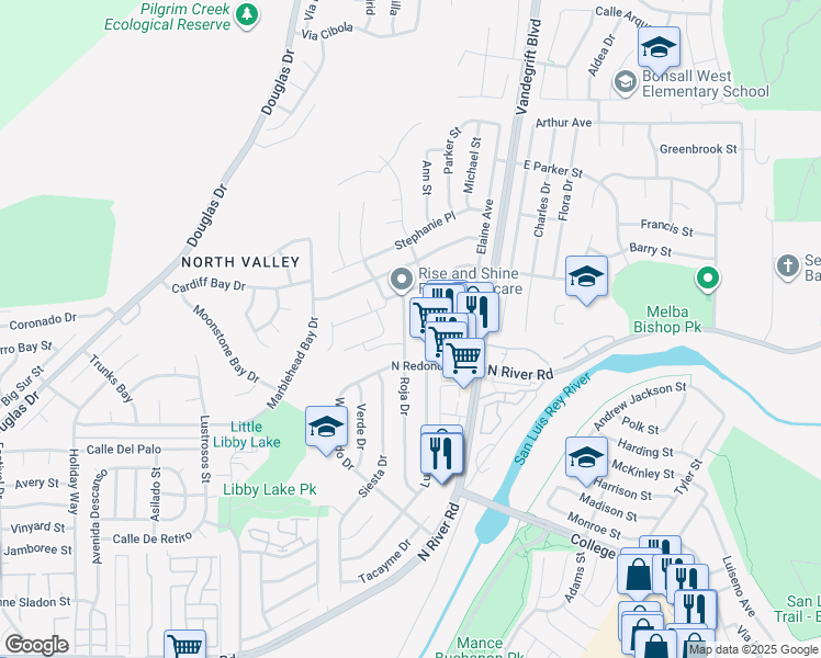 map of restaurants, bars, coffee shops, grocery stores, and more near 530 Roja Drive in Oceanside