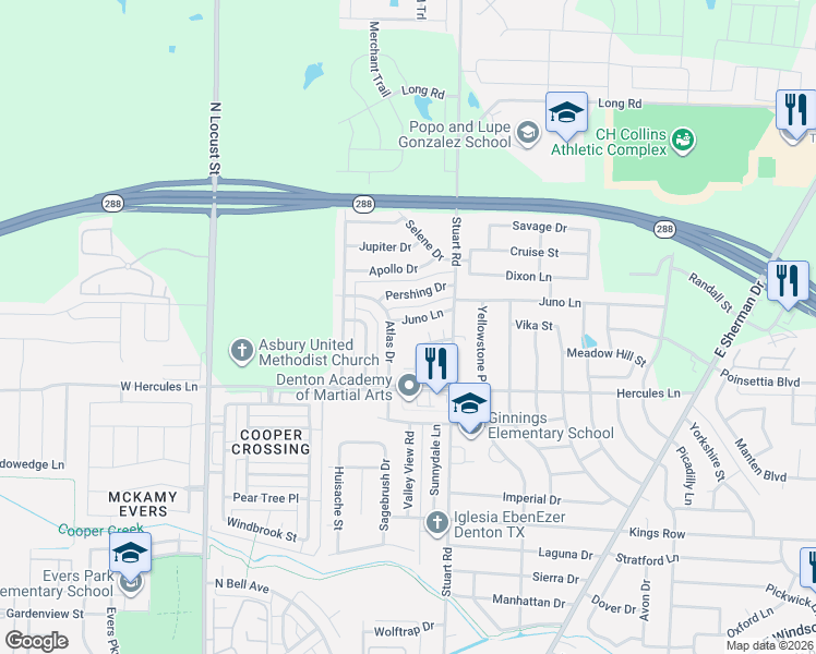 map of restaurants, bars, coffee shops, grocery stores, and more near 617 Juno Lane in Denton
