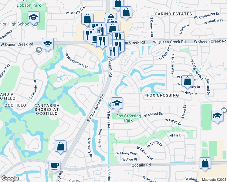 map of restaurants, bars, coffee shops, grocery stores, and more near 3407 South Felix Way in Chandler