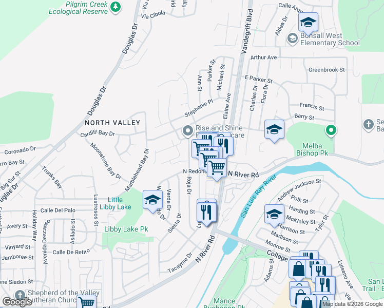 map of restaurants, bars, coffee shops, grocery stores, and more near 530 Roja Drive in Oceanside