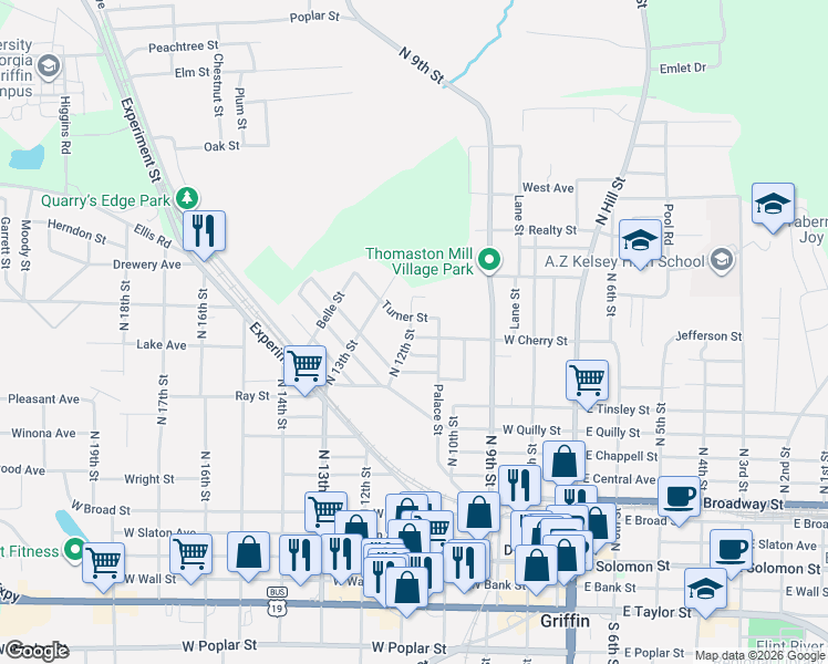 map of restaurants, bars, coffee shops, grocery stores, and more near 520 Turner Street in Griffin