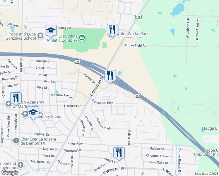 map of restaurants, bars, coffee shops, grocery stores, and more near 3909 North Loop 288 in Denton