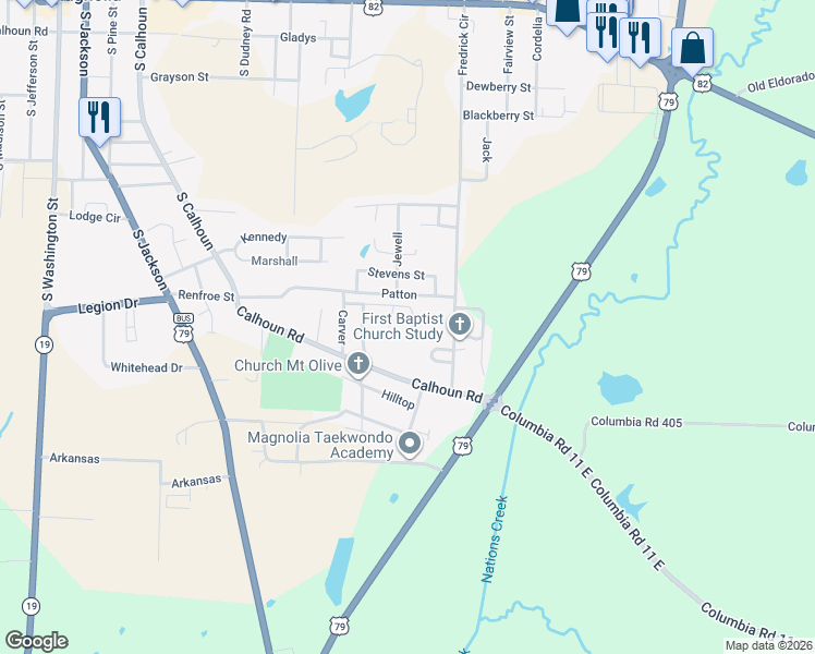 map of restaurants, bars, coffee shops, grocery stores, and more near 12051218 Renfroe Street in Magnolia