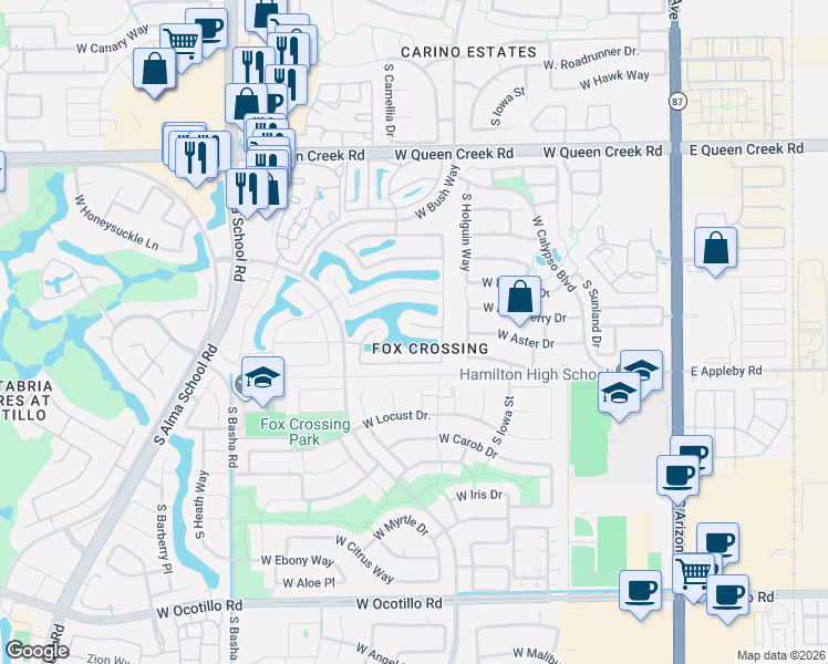 map of restaurants, bars, coffee shops, grocery stores, and more near 682 West Aster Court in Chandler
