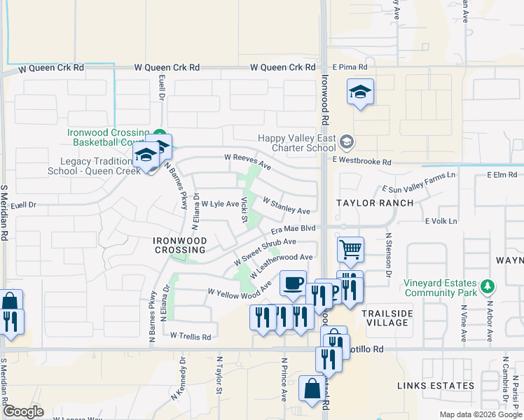 map of restaurants, bars, coffee shops, grocery stores, and more near 337 West Stanley Avenue in San Tan Valley