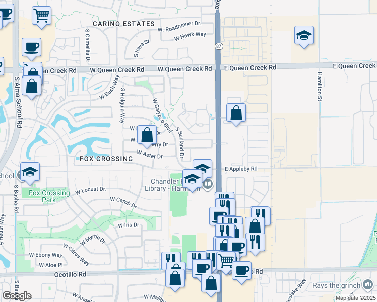 map of restaurants, bars, coffee shops, grocery stores, and more near 3392 South California Street in Chandler