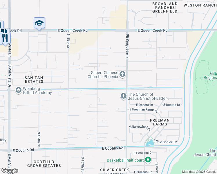 map of restaurants, bars, coffee shops, grocery stores, and more near 5161 South 158th Street in Gilbert