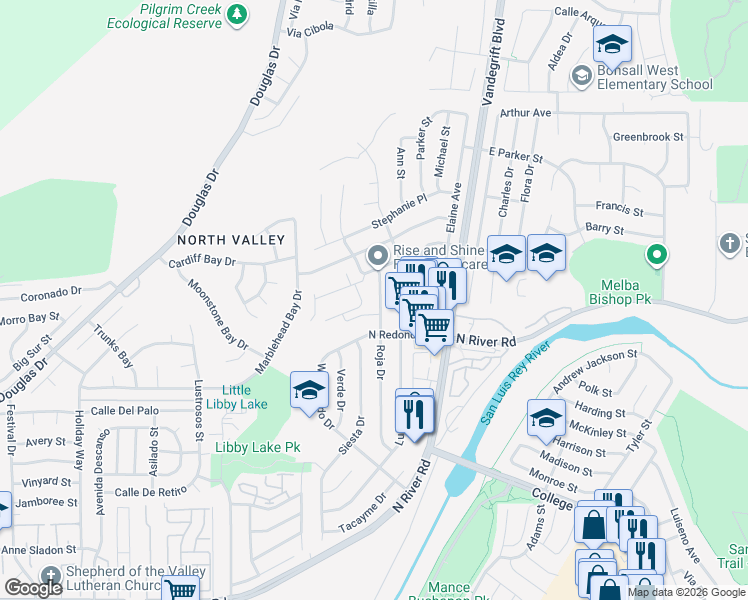 map of restaurants, bars, coffee shops, grocery stores, and more near 531 Roja Drive in Oceanside