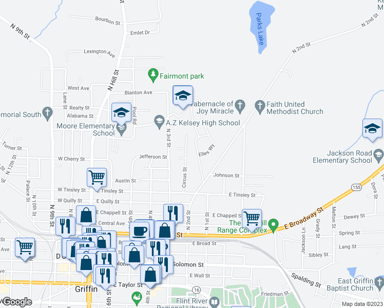 map of restaurants, bars, coffee shops, grocery stores, and more near 451 Johnson Pool Road in Griffin
