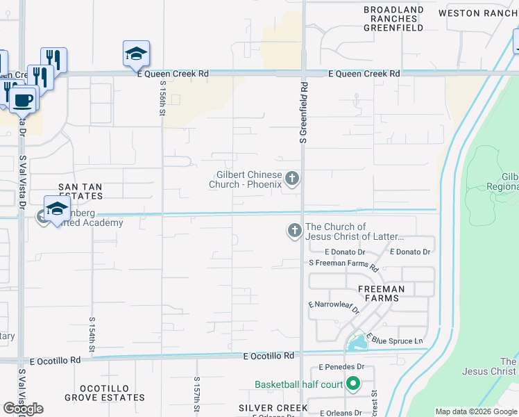 map of restaurants, bars, coffee shops, grocery stores, and more near 5161 South 158th Street in Gilbert