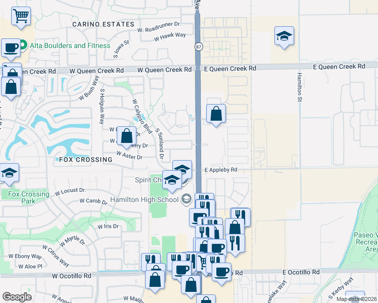 map of restaurants, bars, coffee shops, grocery stores, and more near 32 West Aster Drive in Chandler