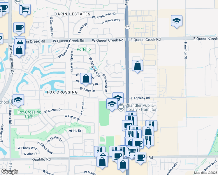 map of restaurants, bars, coffee shops, grocery stores, and more near 3392 South California Street in Chandler