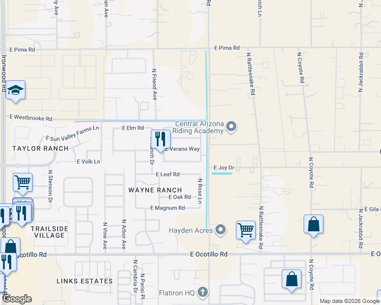 map of restaurants, bars, coffee shops, grocery stores, and more near 1687 East Verano Way in Queen Creek
