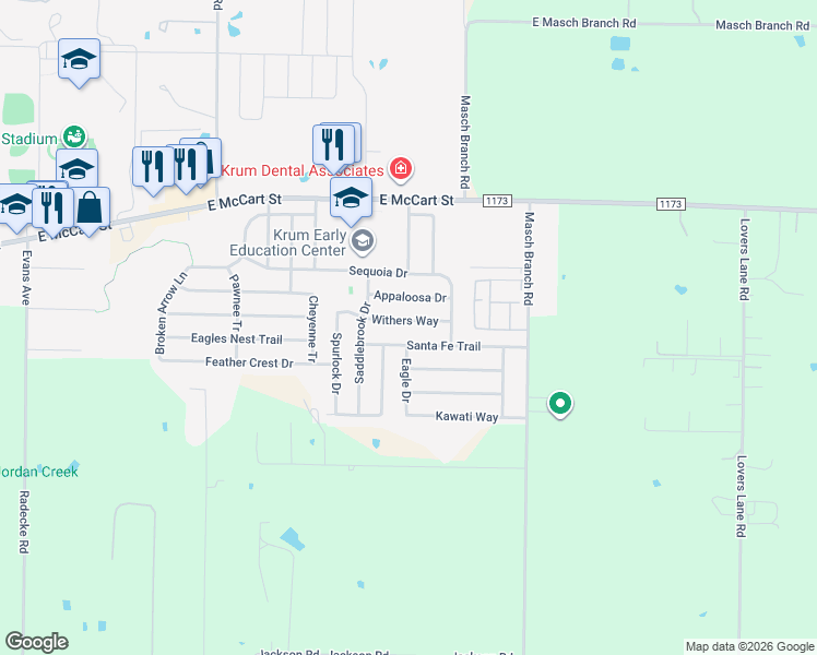 map of restaurants, bars, coffee shops, grocery stores, and more near 1611 Withers Way in Krum