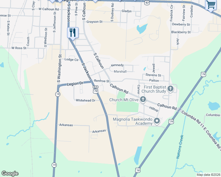 map of restaurants, bars, coffee shops, grocery stores, and more near 601 Calhoun Road in Magnolia