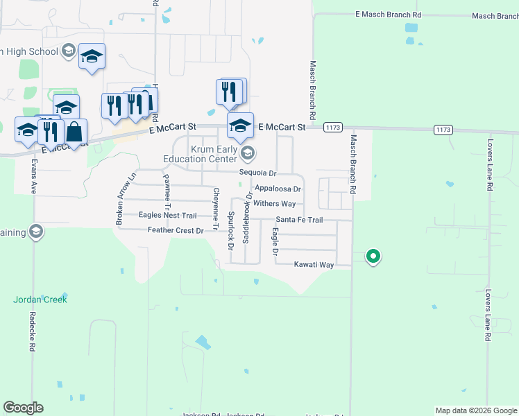 map of restaurants, bars, coffee shops, grocery stores, and more near 1611 Withers Way in Krum