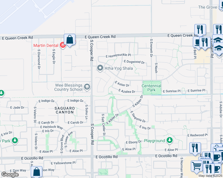 map of restaurants, bars, coffee shops, grocery stores, and more near 2181 East Azalea Drive in Chandler