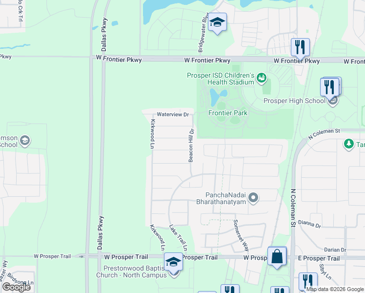 map of restaurants, bars, coffee shops, grocery stores, and more near 861 Rustic Lane in Prosper